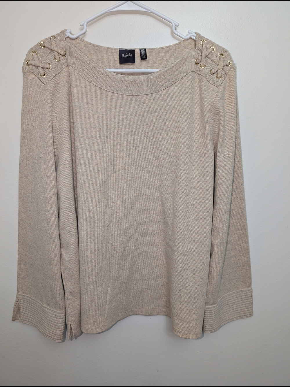 Rafaella Heather Beige Lace-Up Shoulder Knit Top Size Petite XL
